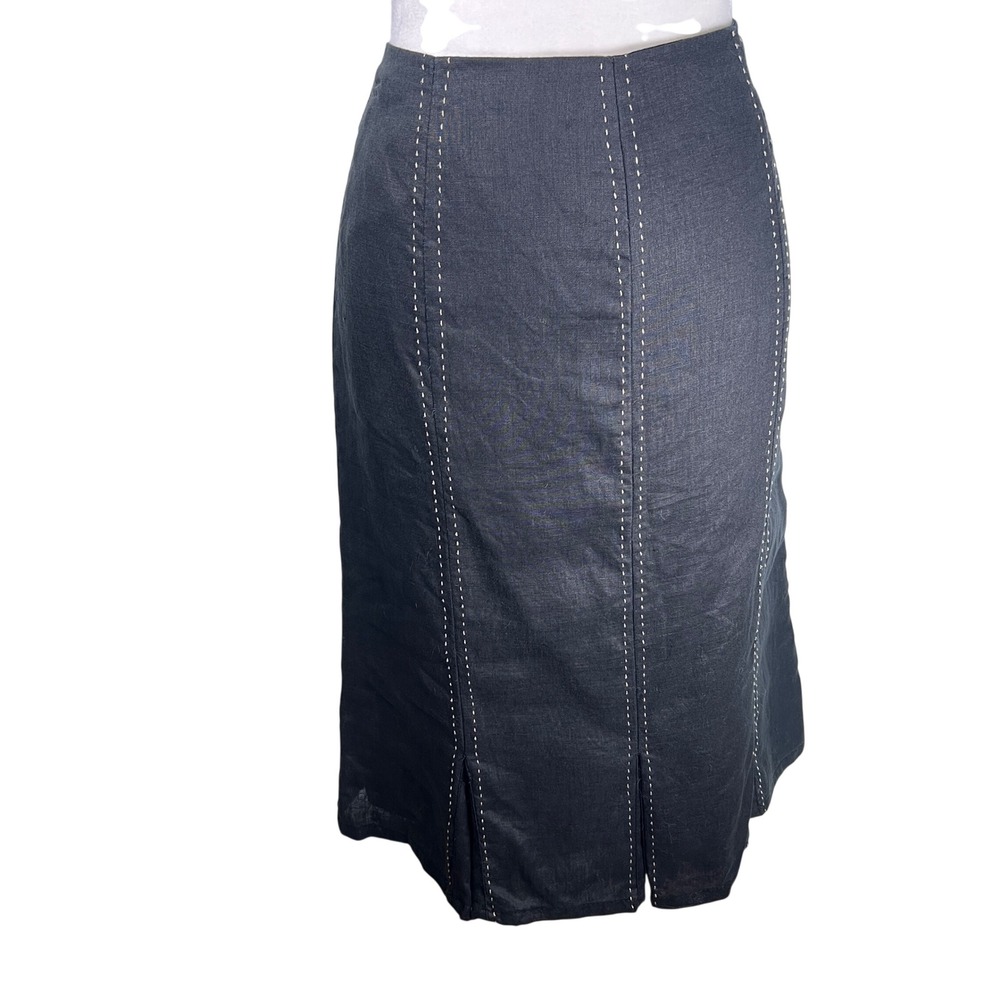 Carole Little Black Linen Contrast Stitch Midi Skirt Womens Size 6 Side Zip